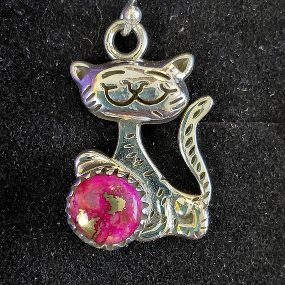 Silver Cat Earrings with Pink Dahlia Stones - Picture 4 of 5